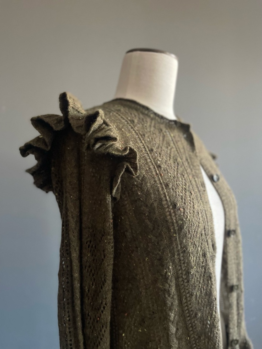 Ulla Johnson Cashmere Cardigan Ruffle Peplum Olive Boho Cozy Feminine Organic - Picture 3 of 9